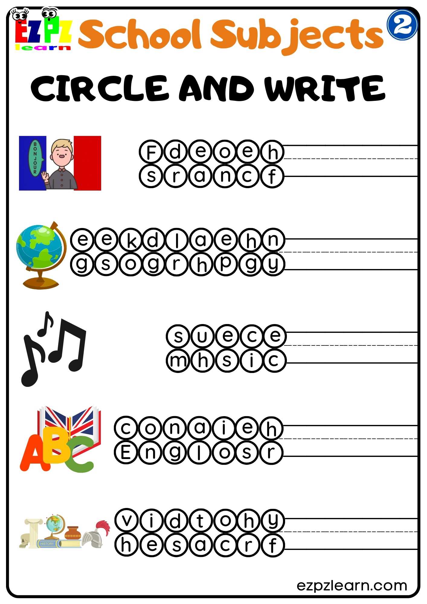 Group2 School Subjects Circle and Write Worksheet Homeschool and ESL Students